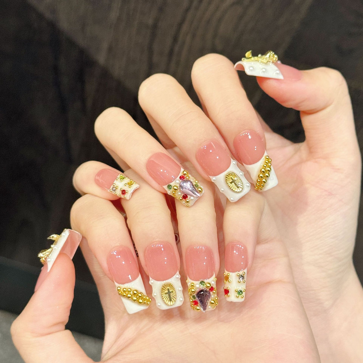 Ivory Gildrose | Long Square Press‑on Nails