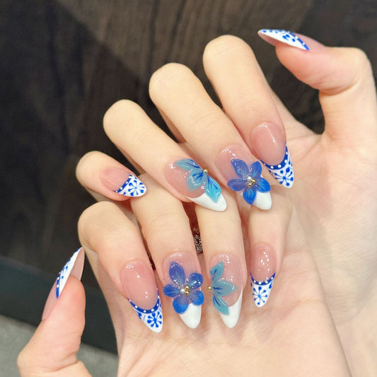 Cerulean Bloom | Medium Almond Press‑on Nails