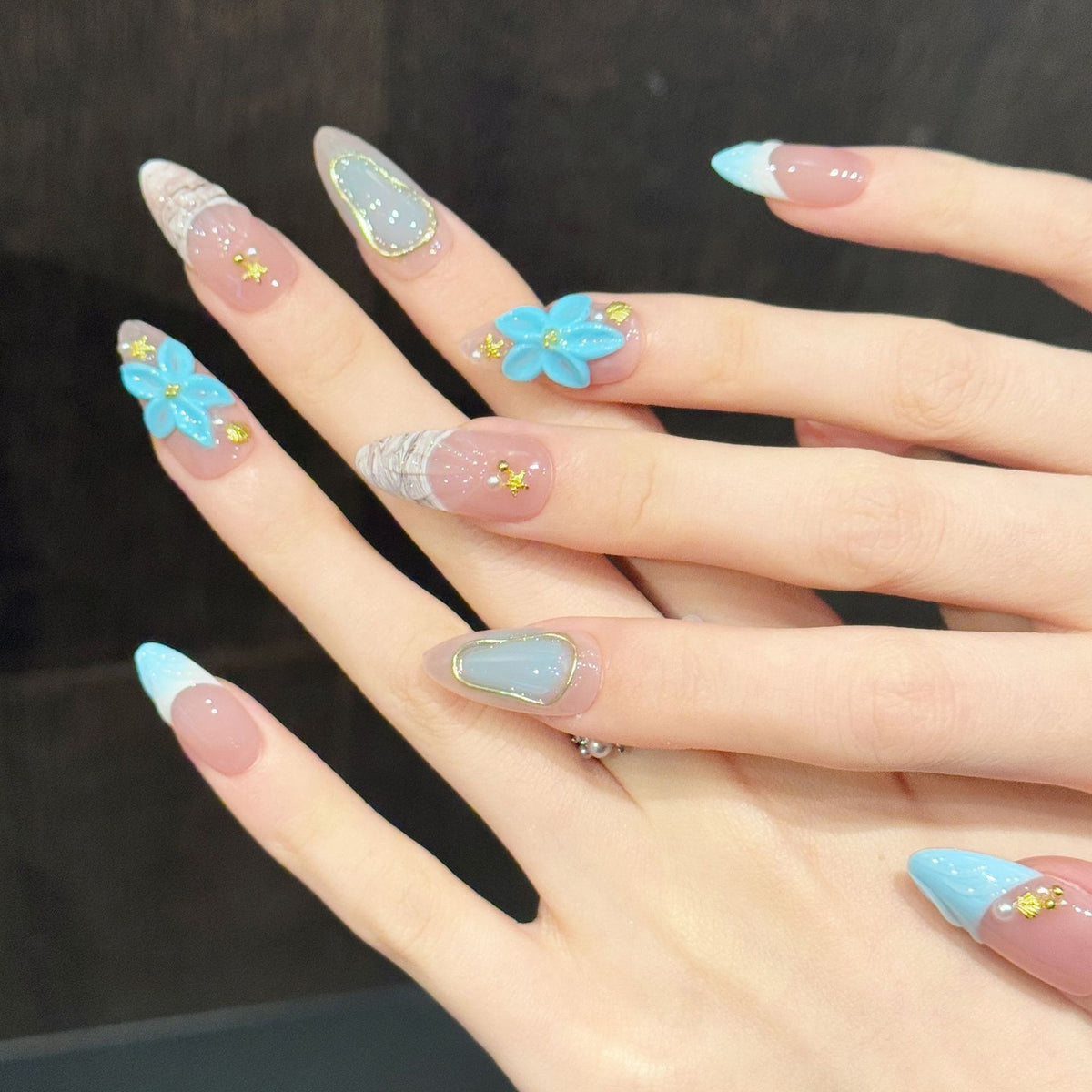 Aqua Ballad | Medium Almond Press‑on Nails