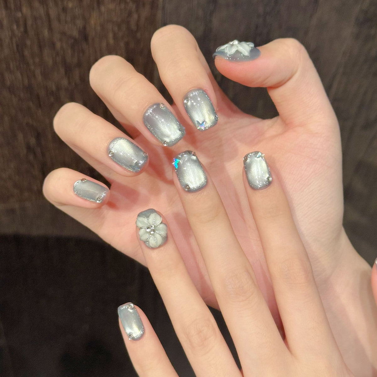 Ice Blue Petal | Short Square Press‑on Nails
