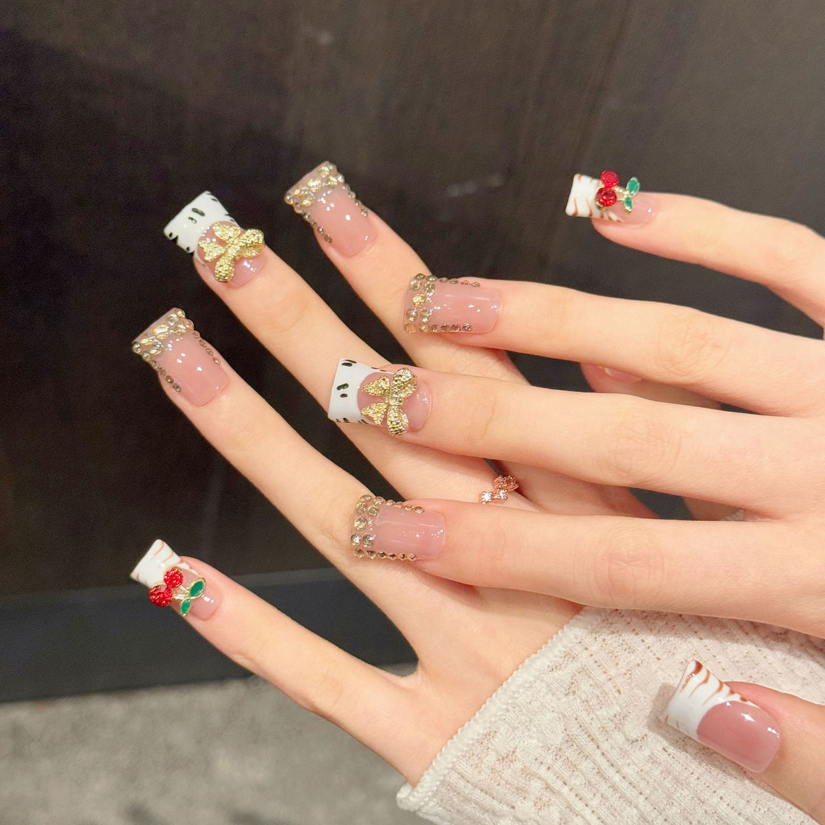 Blush Cherry Bow | Short Duck Press‑on Nails