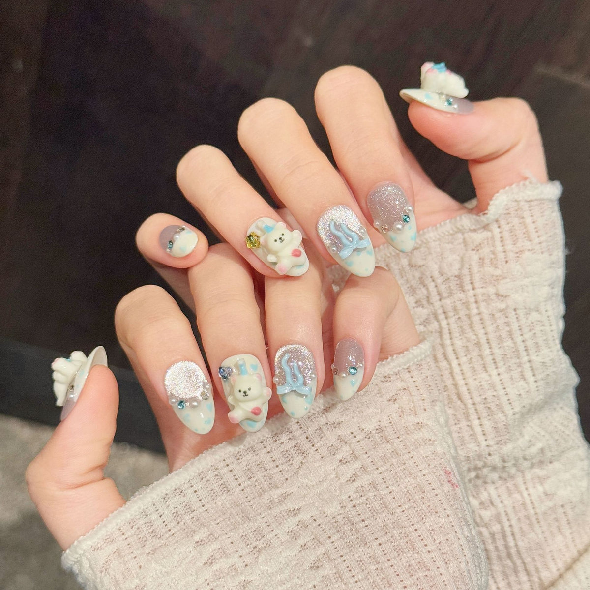 Milk Blue Bear Joy | Short Almond Press‑on Nails