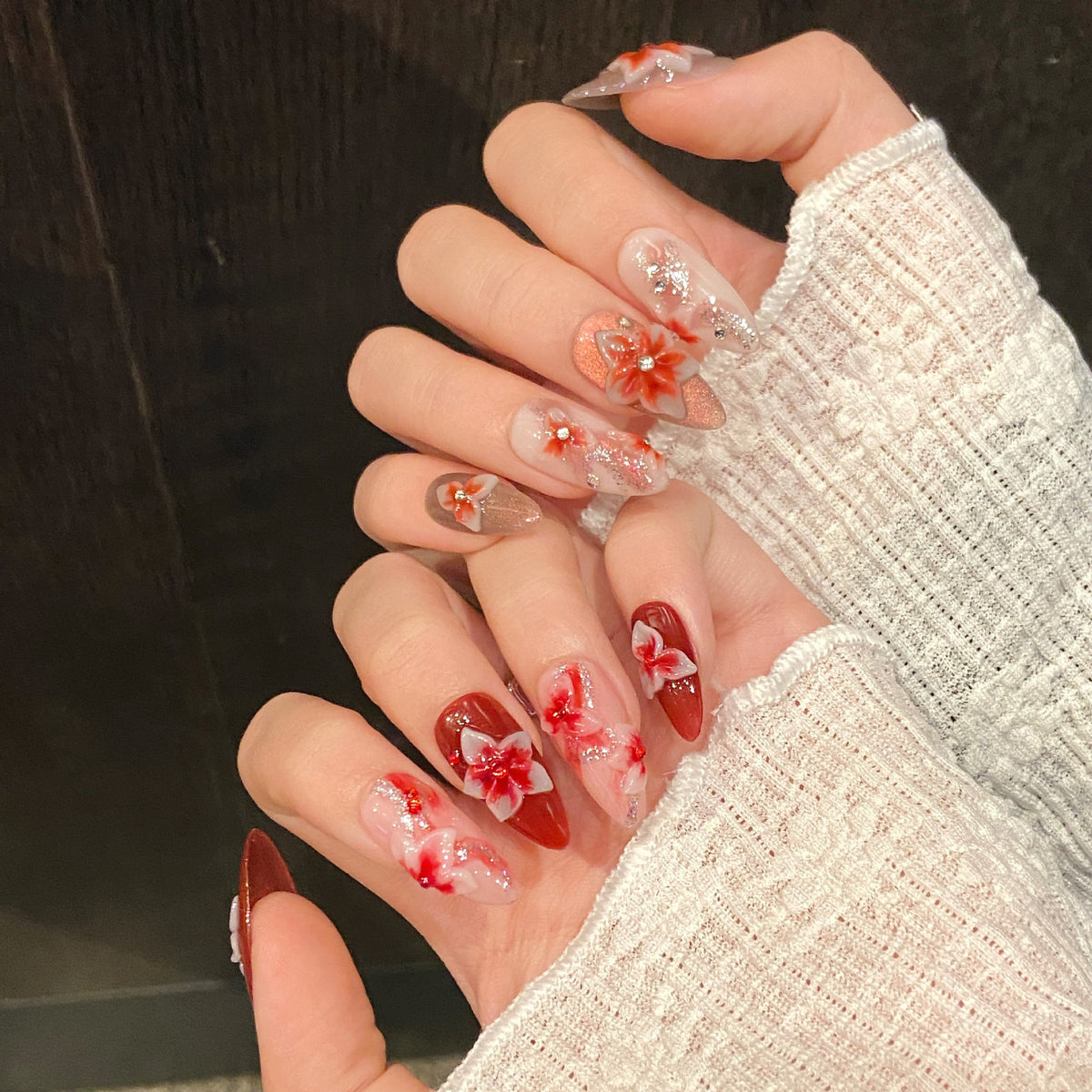 Scarlet Bloom | Medium Almond Press‑on Nails