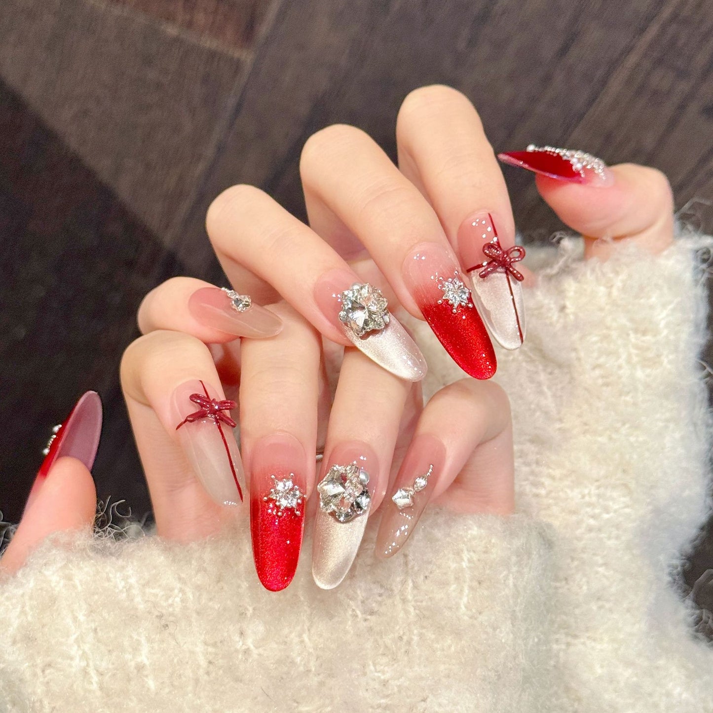 Ruby Snow | Long Almond Press‑on Nails