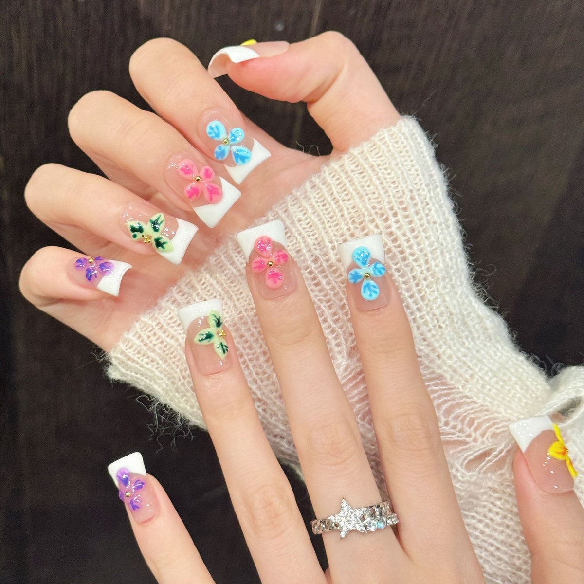 Rainbow Floral Tip | Short Duck Press‑on Nails