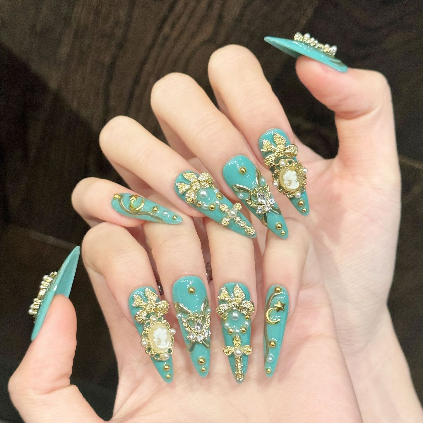 Teal Gild | Long Stiletto Press‑on Nails