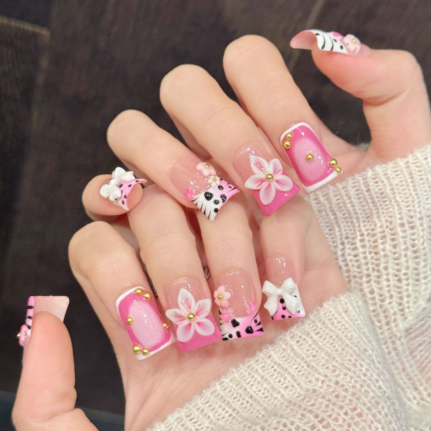 Pink Leopard Petal | Short Duck Press‑on Nails