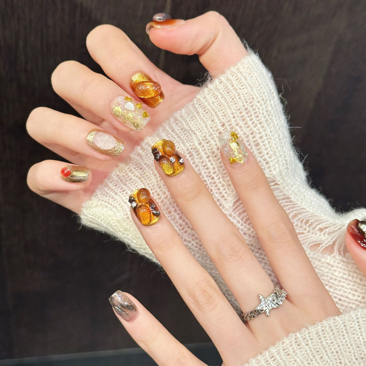 Amber Gold Shard | Short Coffin Press‑on Nails