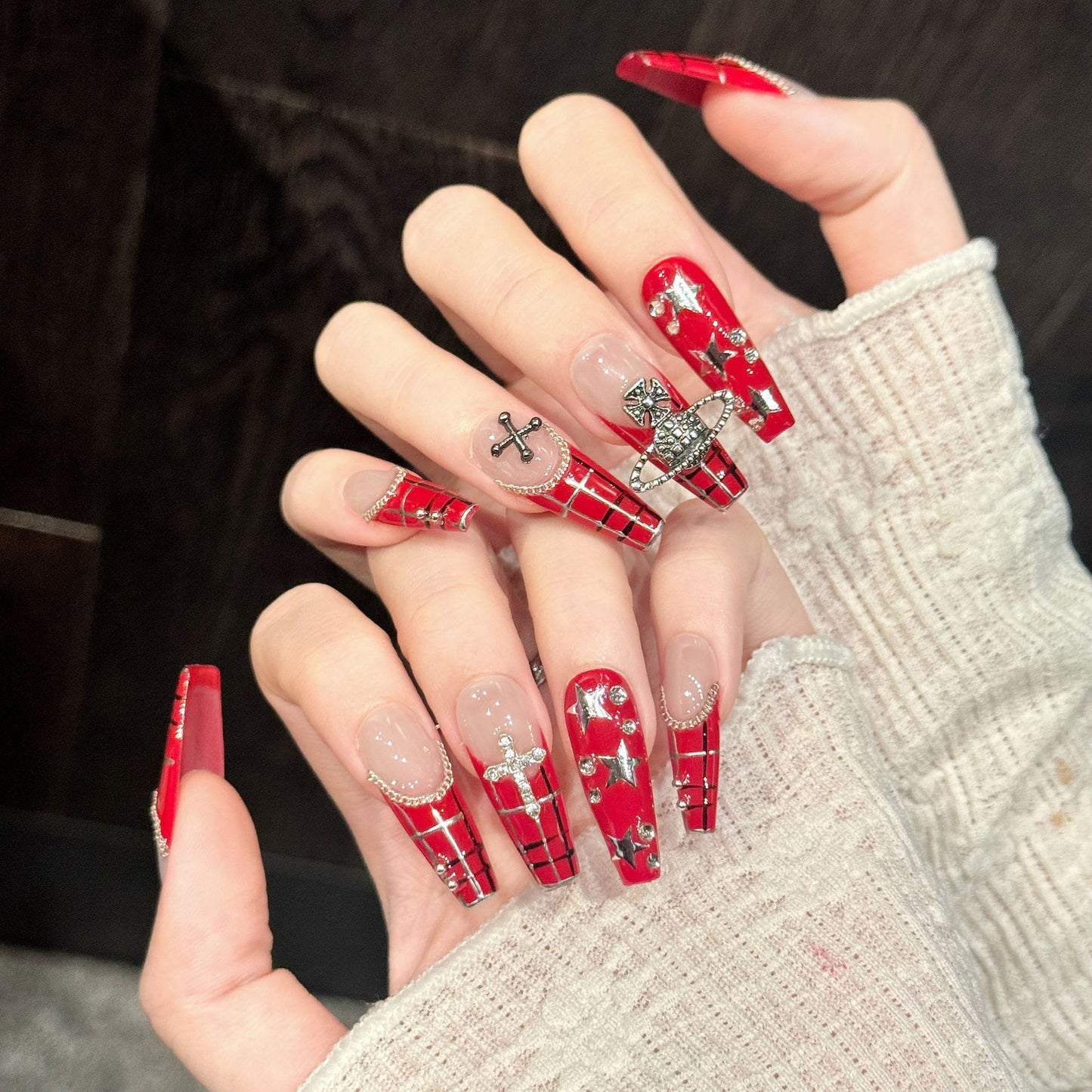 Scarlet Grid | Long Coffin Press‑on Nails