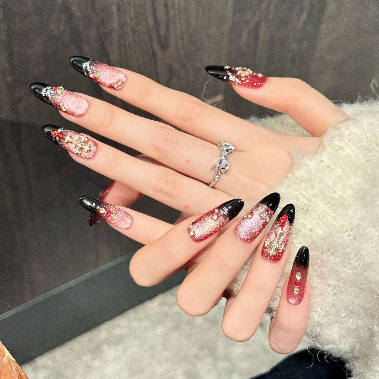 Crimson Cross | Long Almond Press‑on Nails