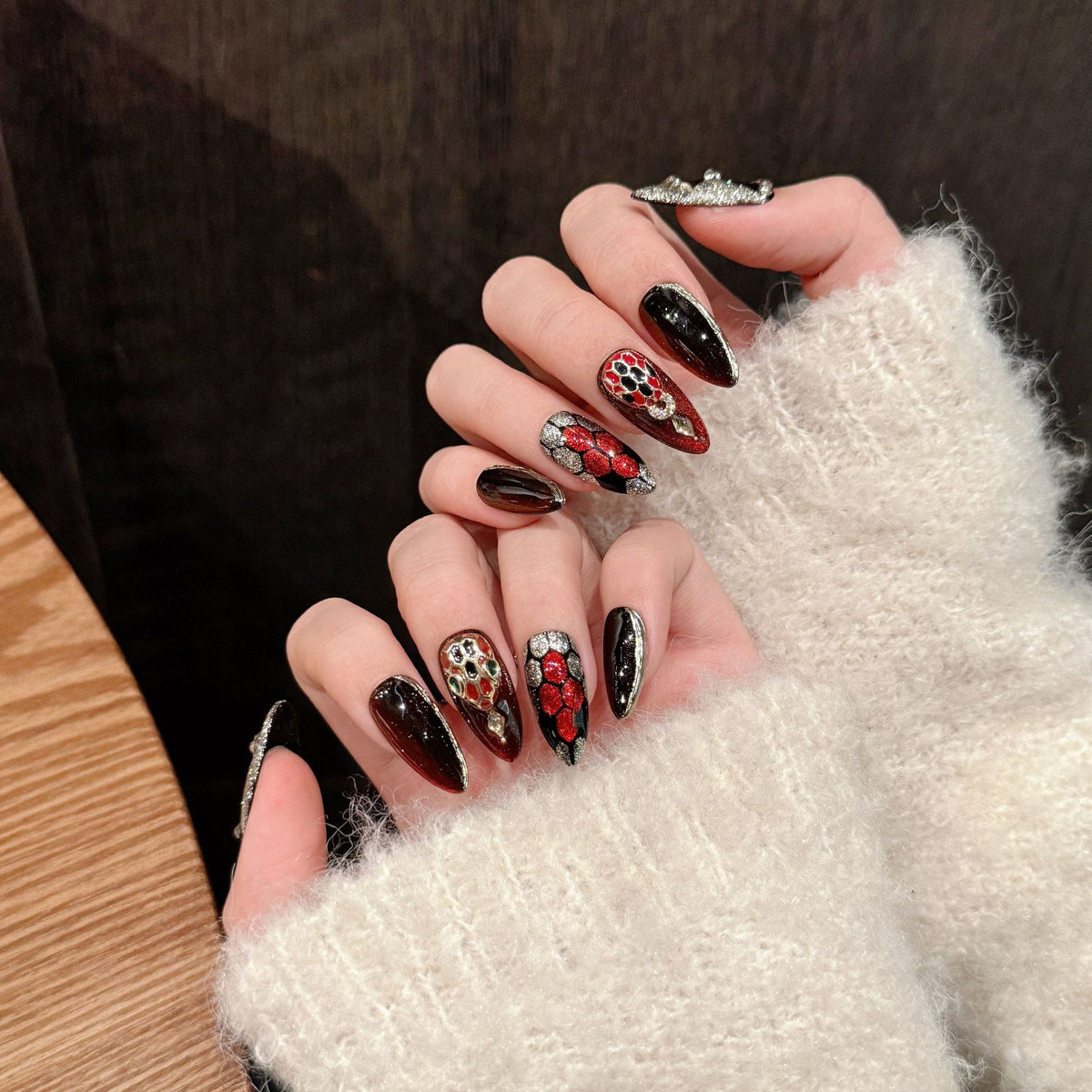 Ruby Medusa | Long Almond Press‑on Nails