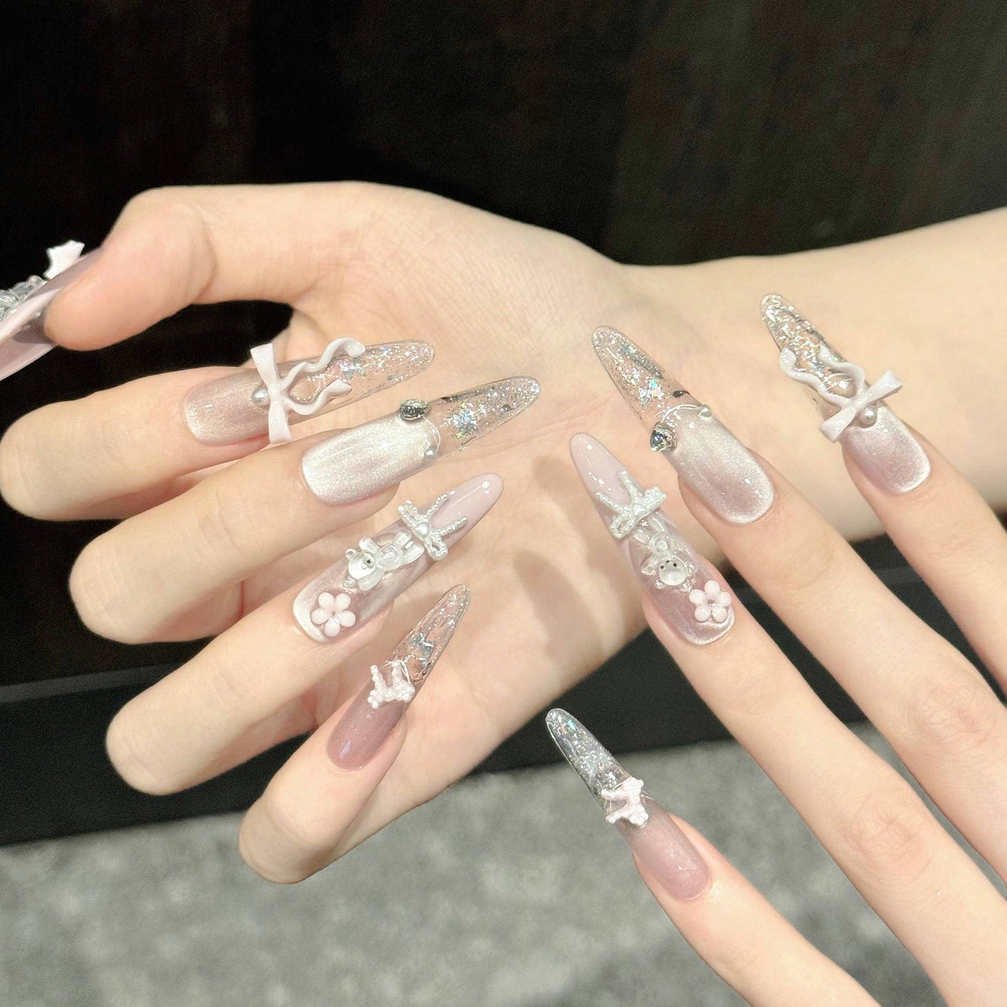 Ribbon Bear | Long Stiletto Press‑on Nails