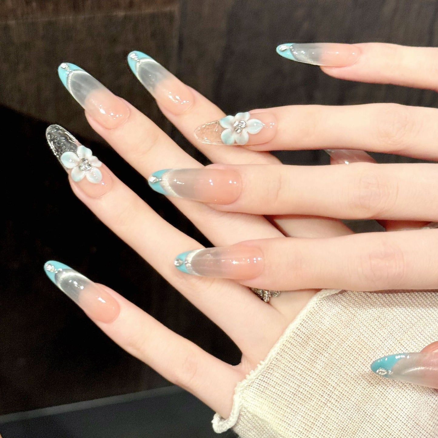 Aqua Petal | Long Oval Press‑on Nails