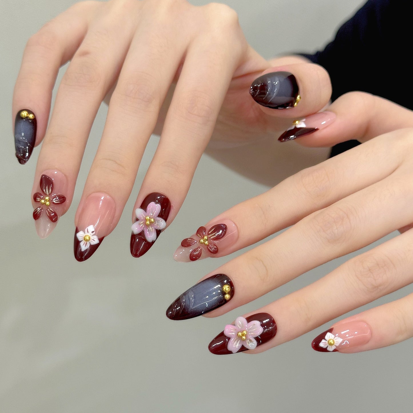 Wine Bloom | Medium Almond Press-on Nails