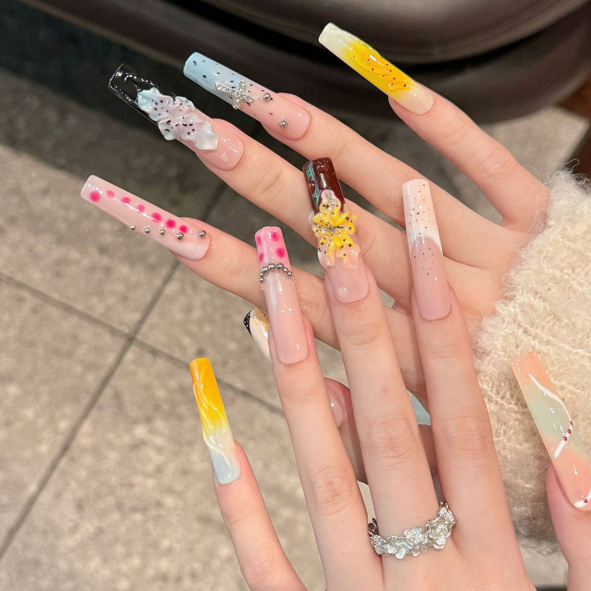 Sunset Sculpt | Extra Long Coffin Press‑on Nails