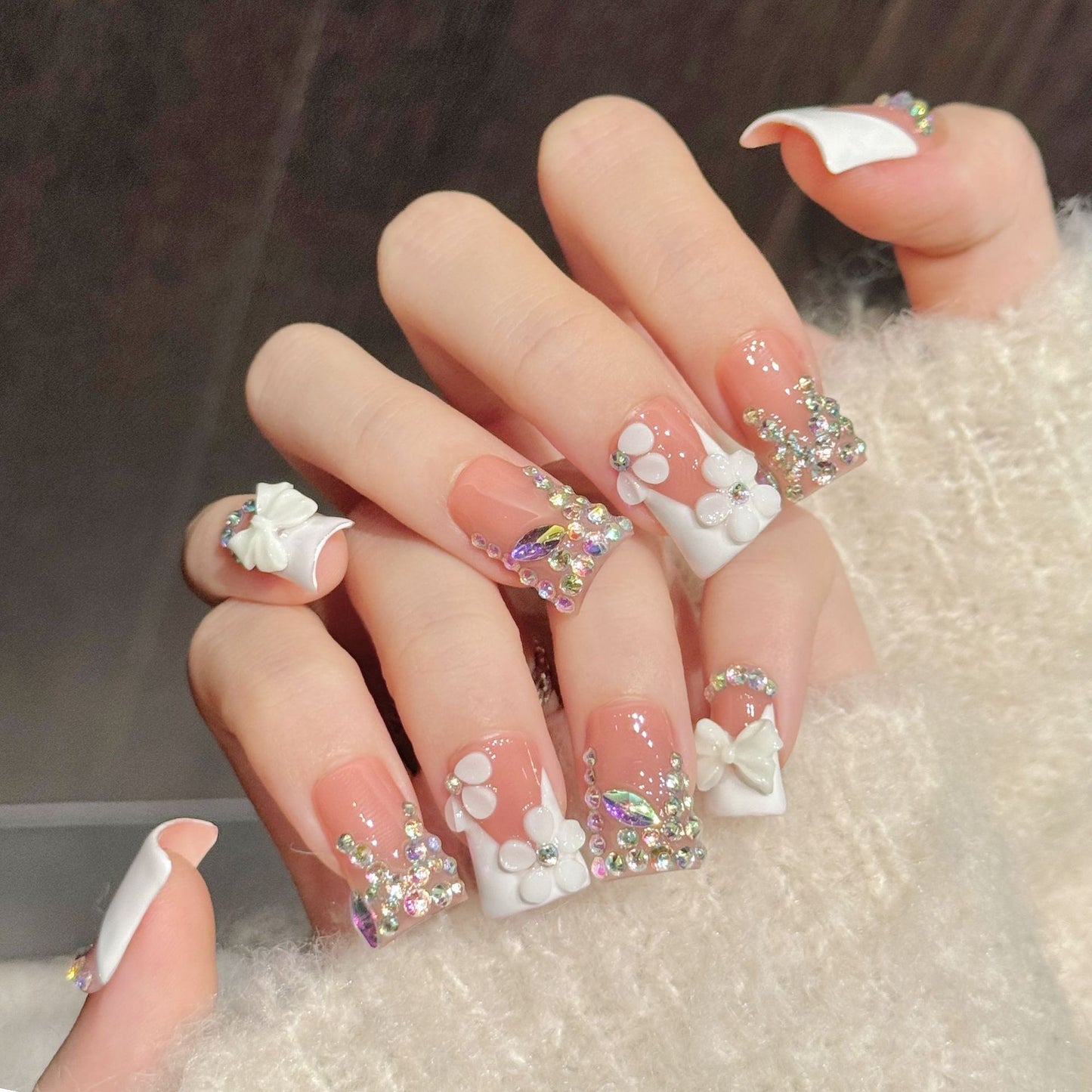 Blush Crystal Bow | Short Duck Press‑on Nails