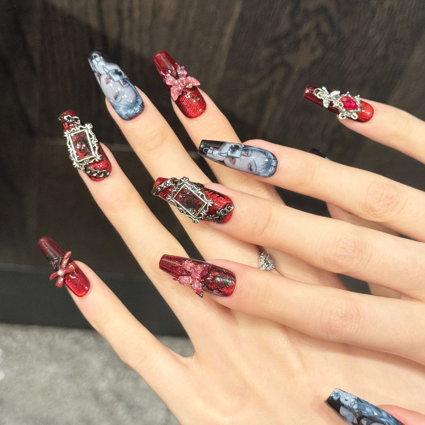 Crimson Phantom | Medium Coffin Press‑on Nails