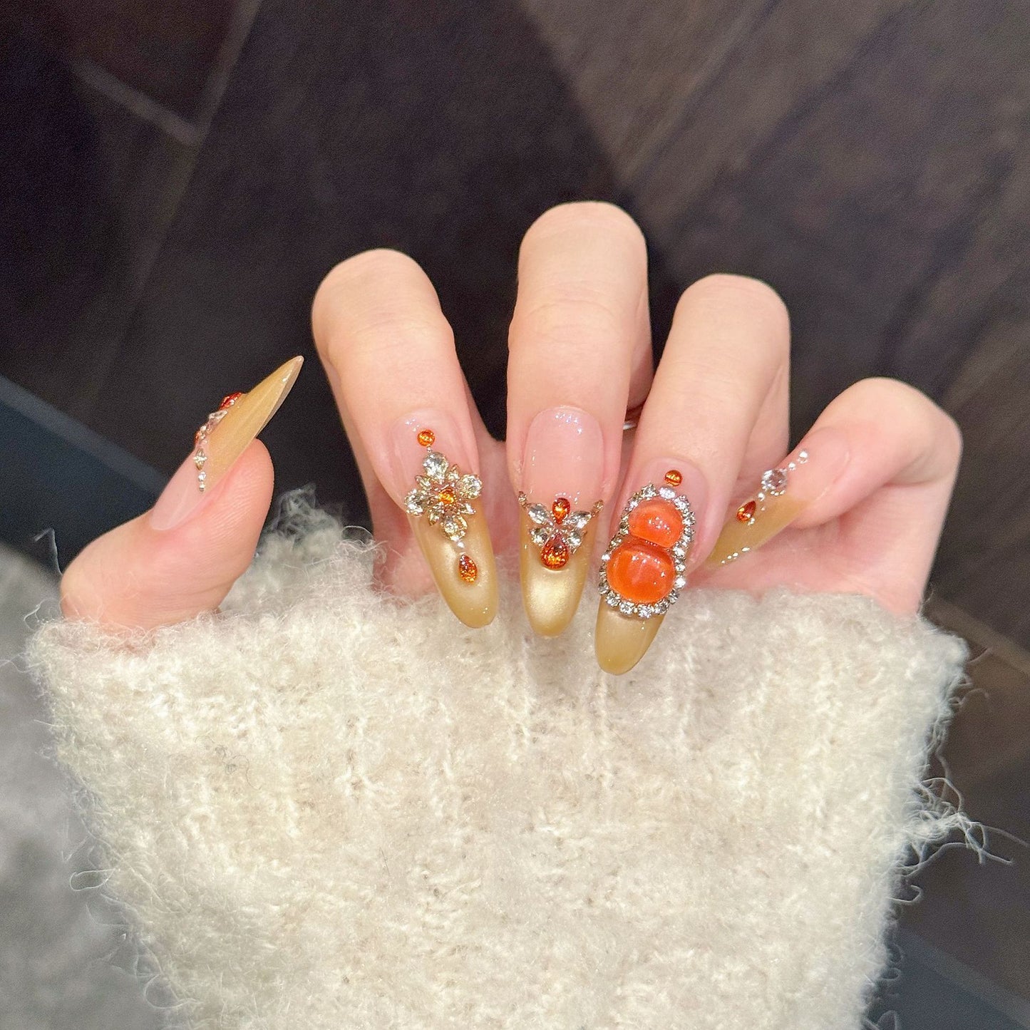 Amber Fortune | Long Almond Press‑on Nails