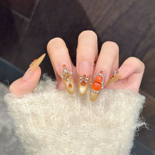 Amber Fortune | Long Almond Press‑on Nails
