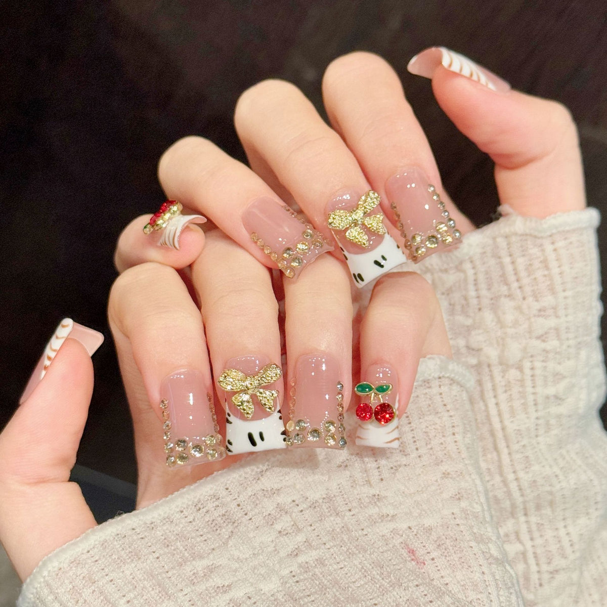 Blush Cherry Bow | Short Duck Press‑on Nails