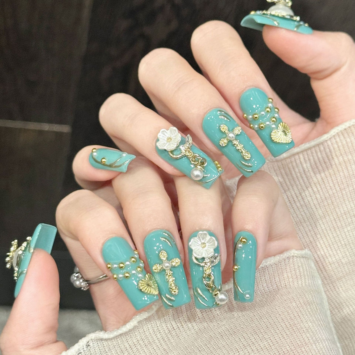 Teal Regal | Long Square Press‑on Nails