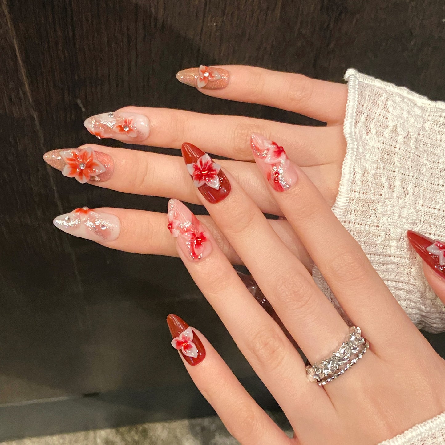 Scarlet Bloom | Medium Almond Press‑on Nails