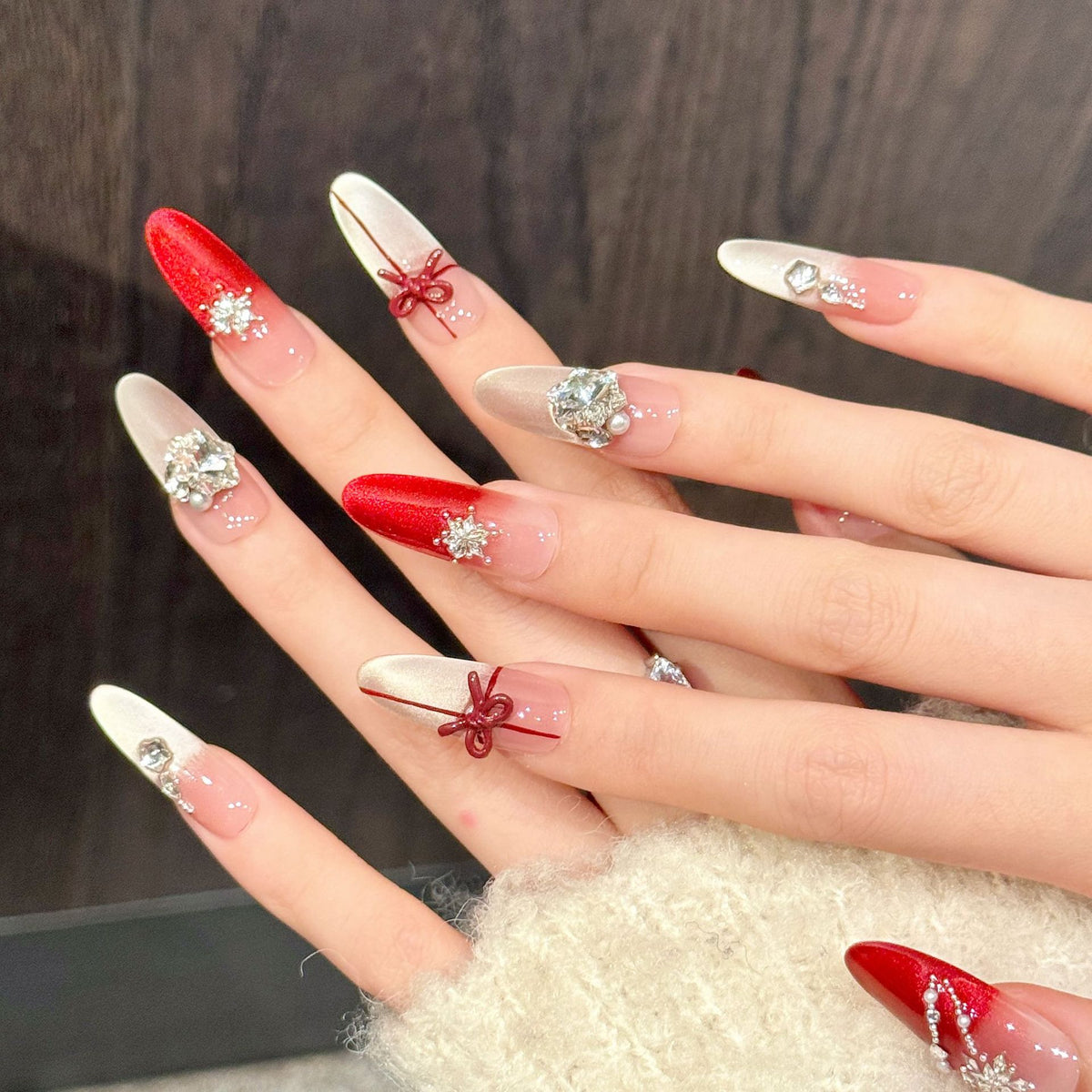 Ruby Snow | Long Almond Press‑on Nails