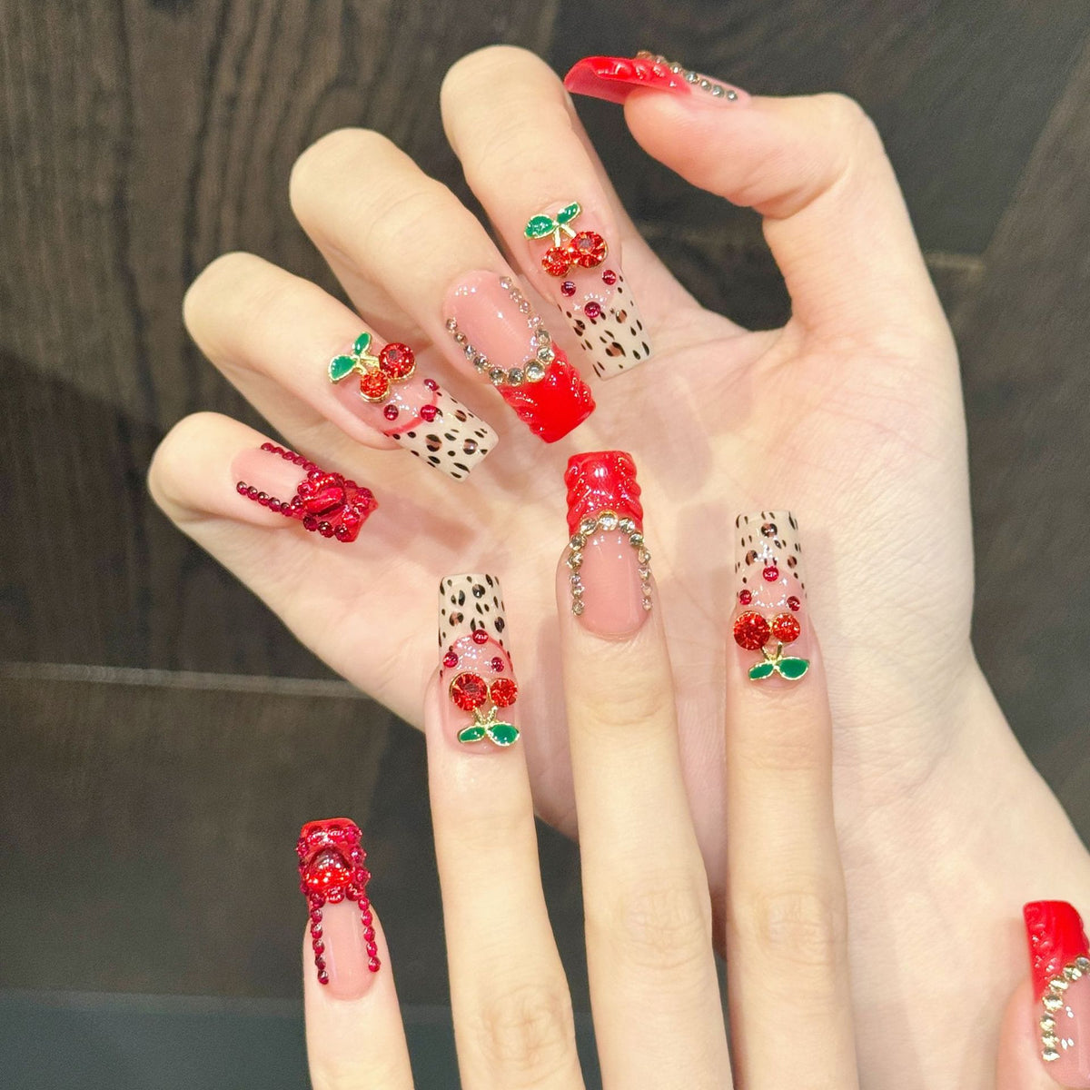 Cherry Vibe | Long Square Press‑on Nails