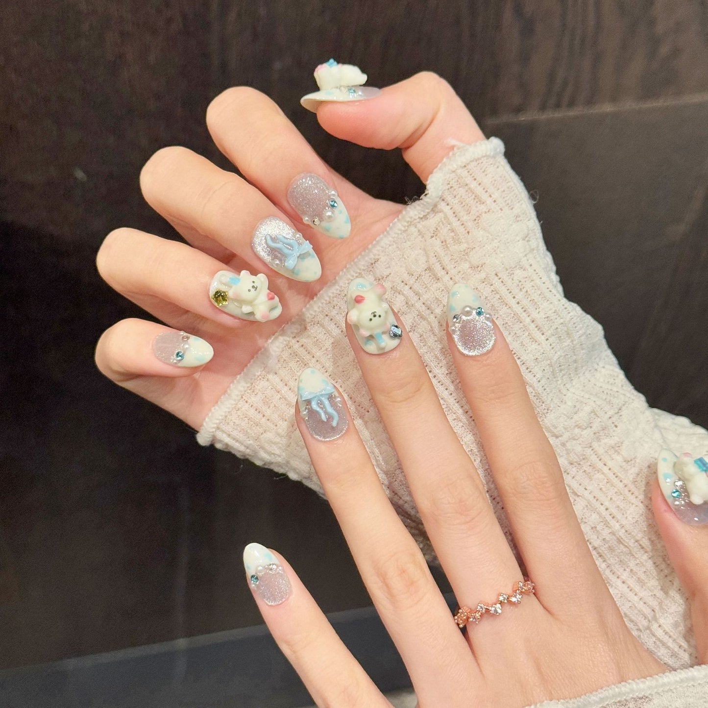 Milk Blue Bear Joy | Short Almond Press‑on Nails
