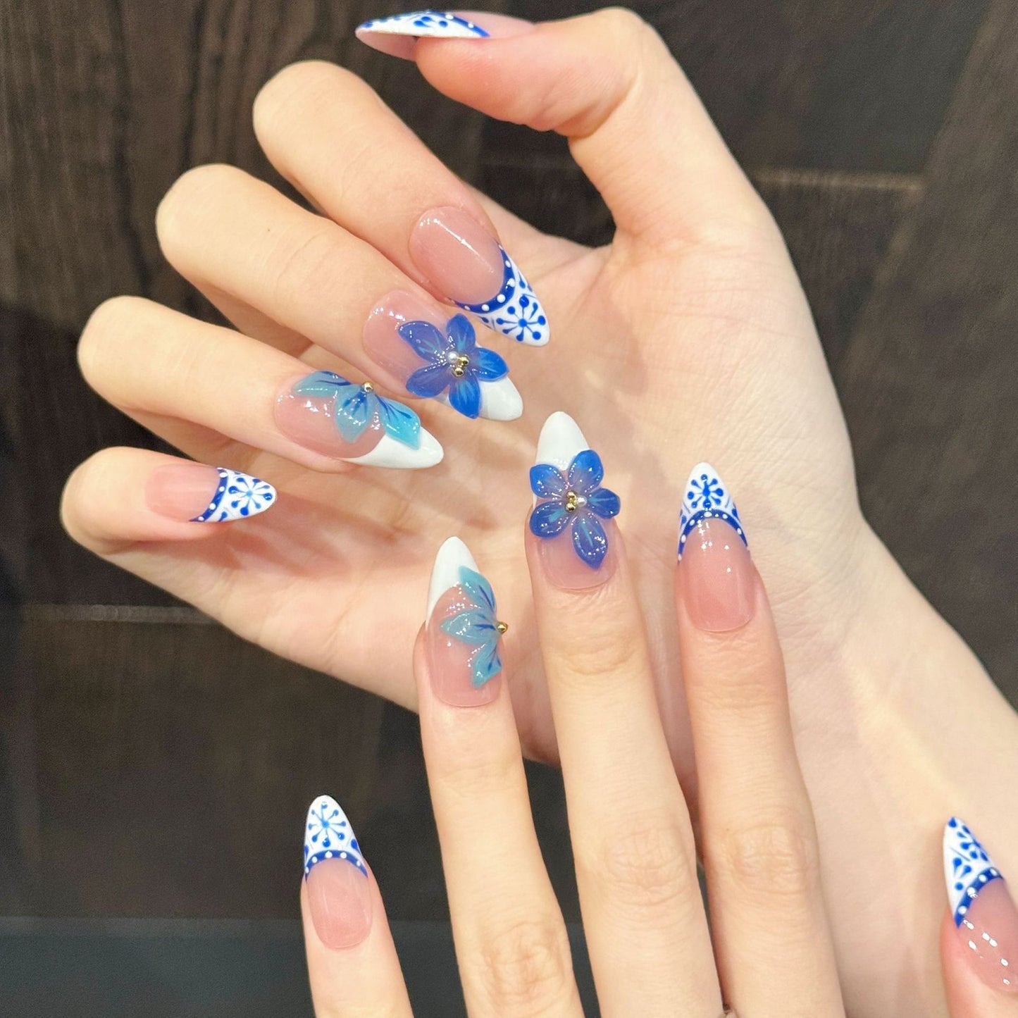 Cerulean Bloom | Medium Almond Press‑on Nails