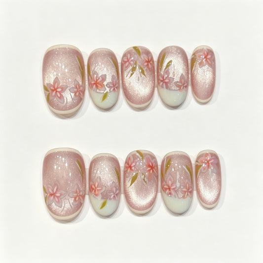 Misty Sakura Glow | Short Oval Press‑on Nails