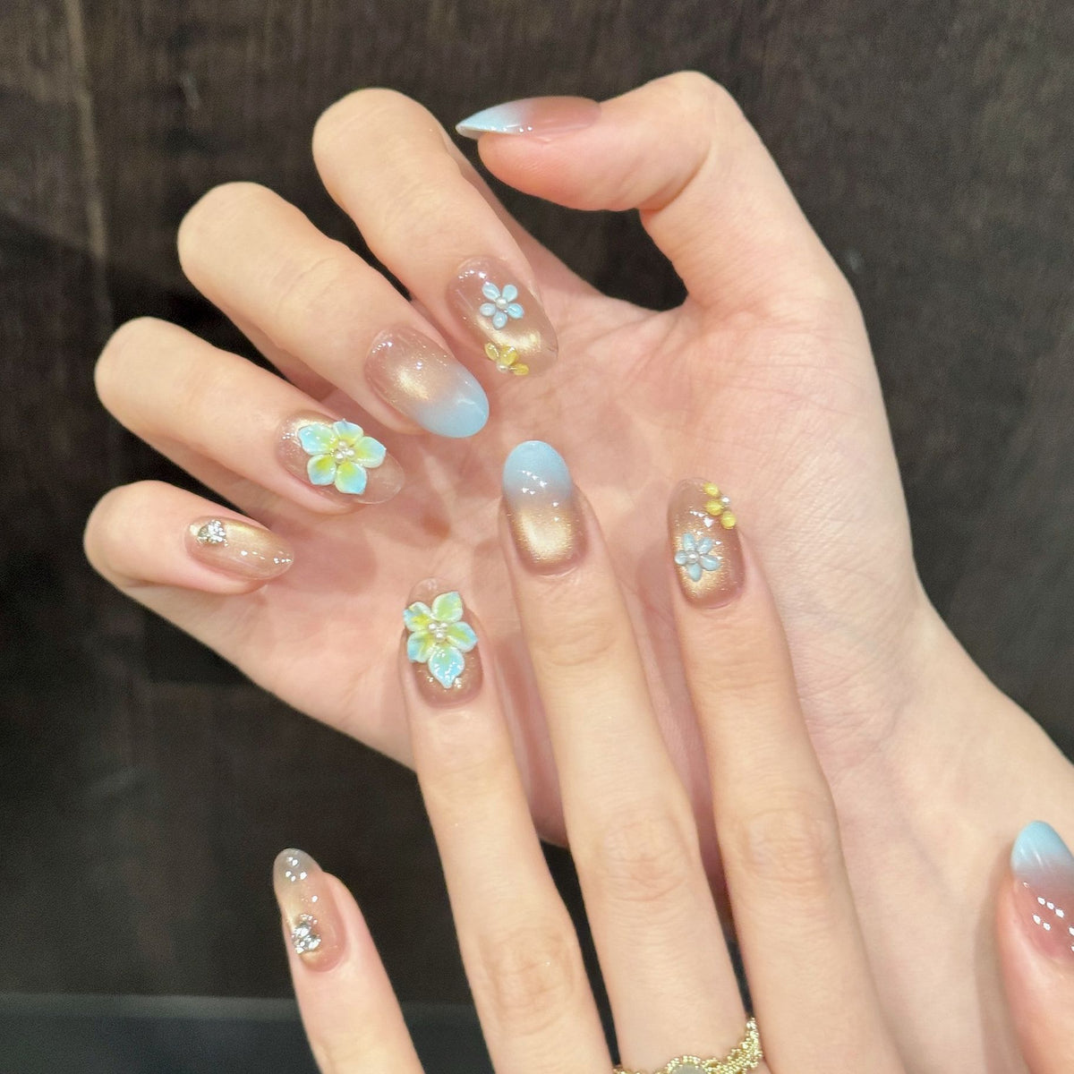 Sunset Aqua Petal | Short Oval Press‑on Nails