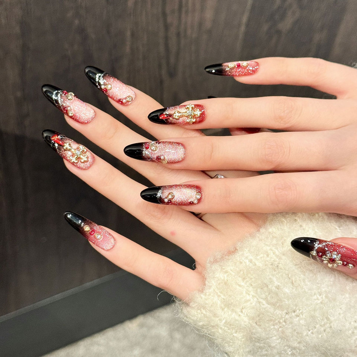 Crimson Cross | Long Almond Press‑on Nails