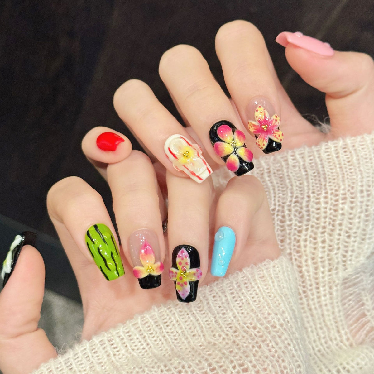 Tropical Pop Bloom | Short Coffin Press‑on Nails