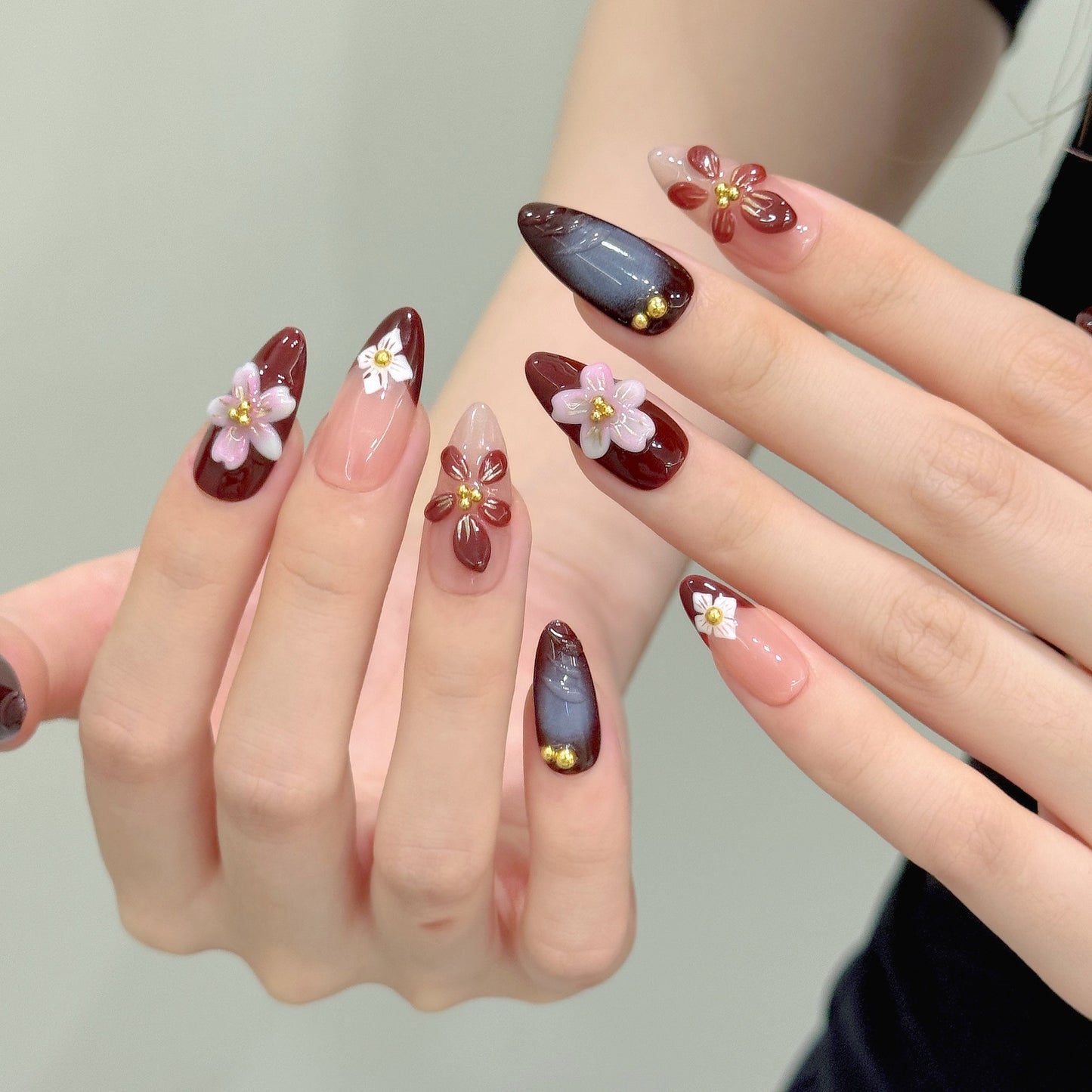 Wine Bloom | Medium Almond Press-on Nails