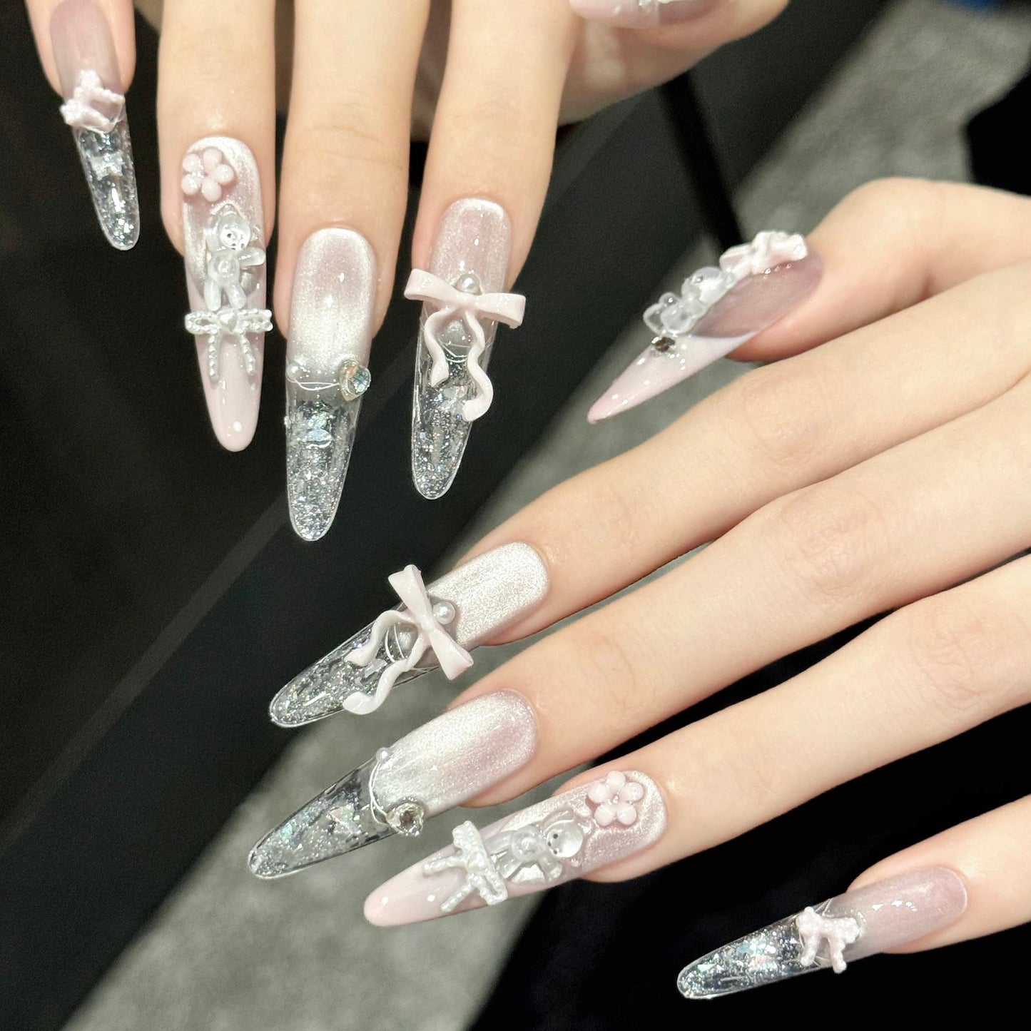 Ribbon Bear | Long Stiletto Press‑on Nails