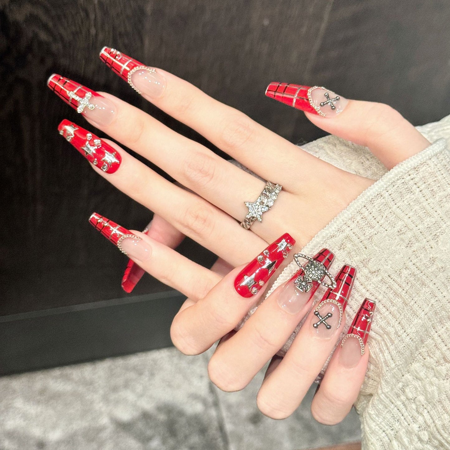 Scarlet Grid | Long Coffin Press‑on Nails