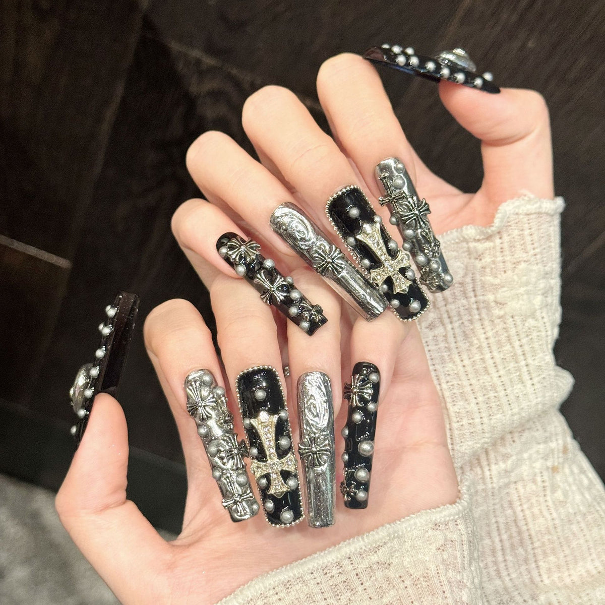Silver Thorn | Long Coffin Press‑on Nails