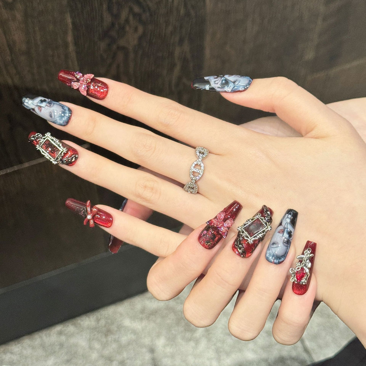 Crimson Phantom | Medium Coffin Press‑on Nails