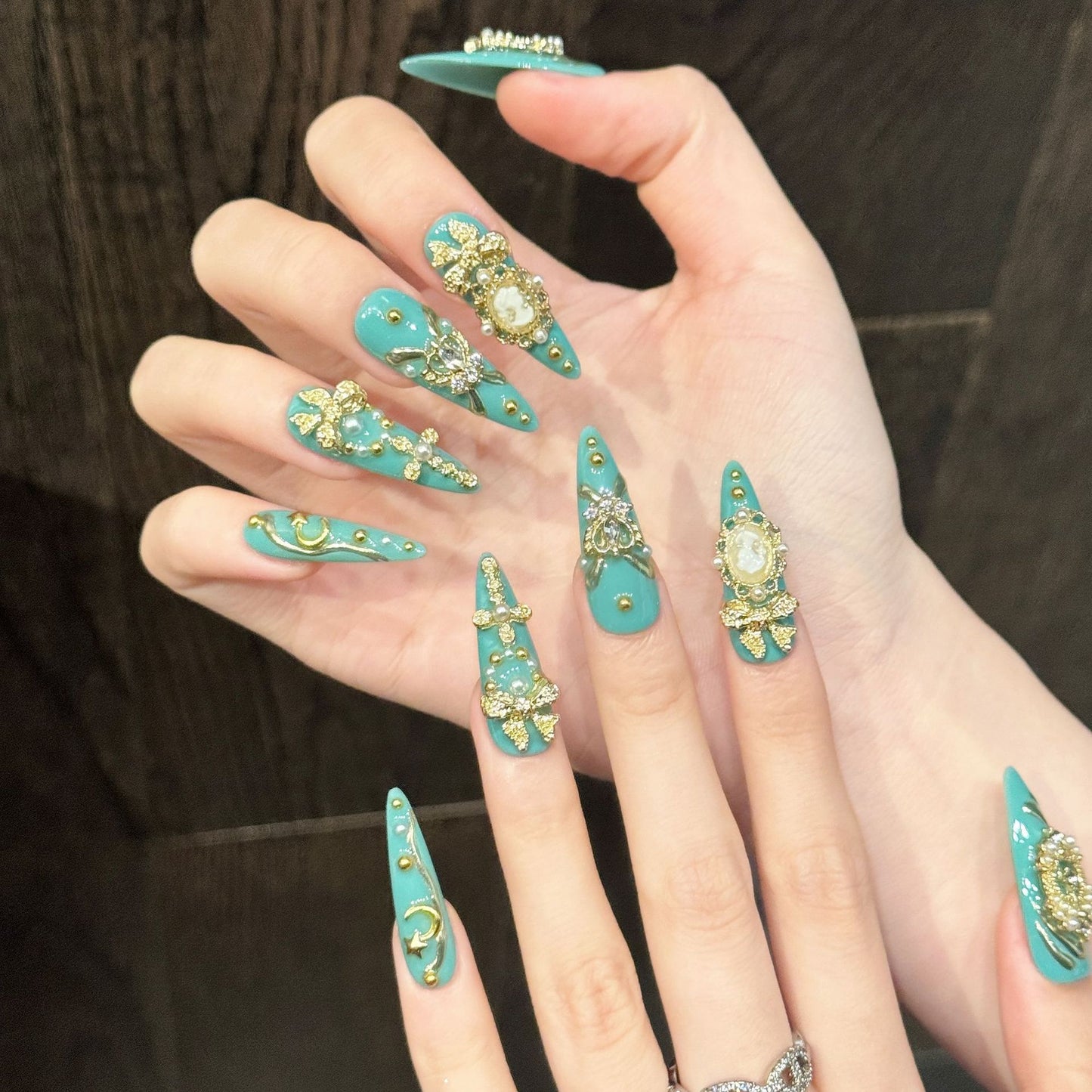 Teal Gild | Long Stiletto Press‑on Nails