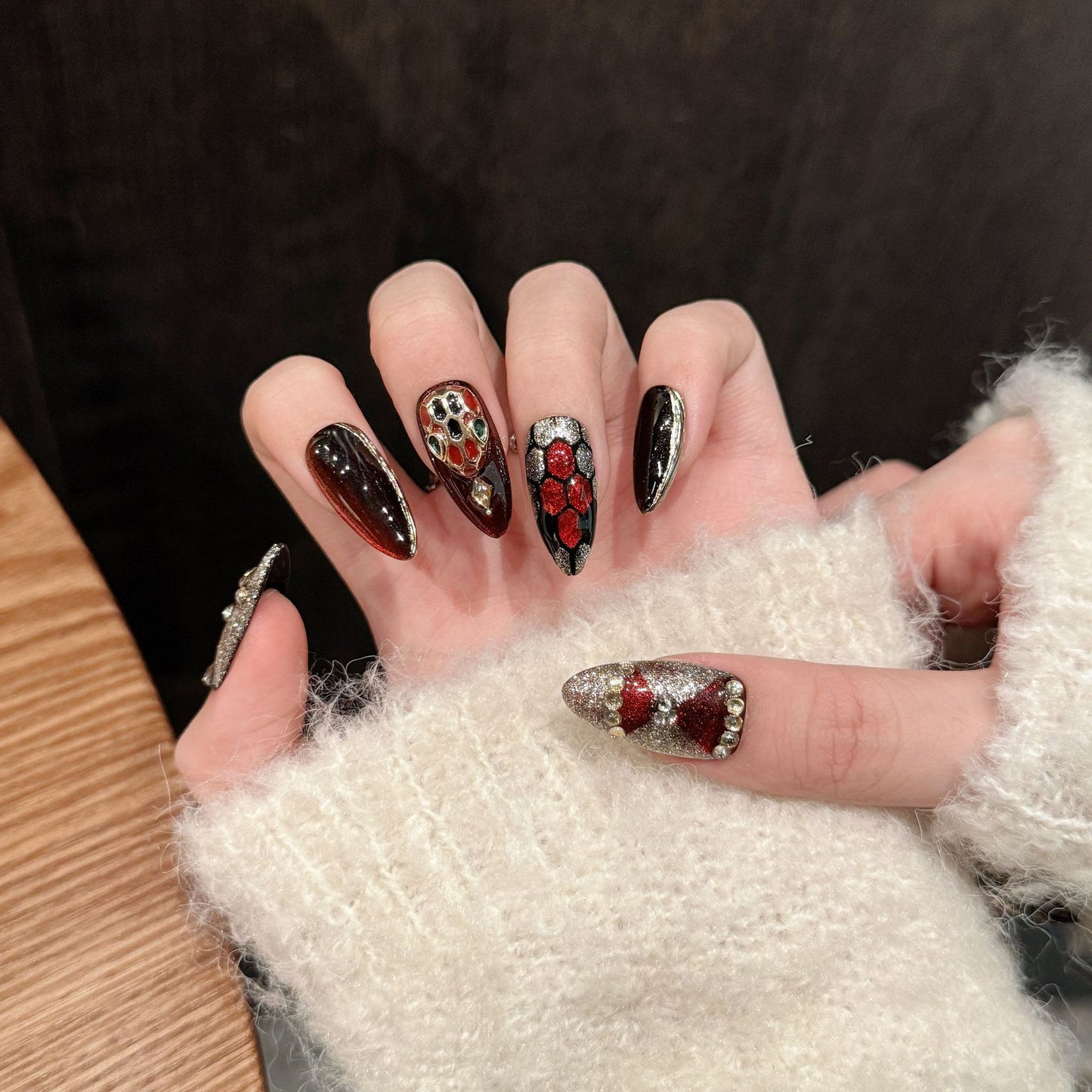 Ruby Medusa | Long Almond Press‑on Nails