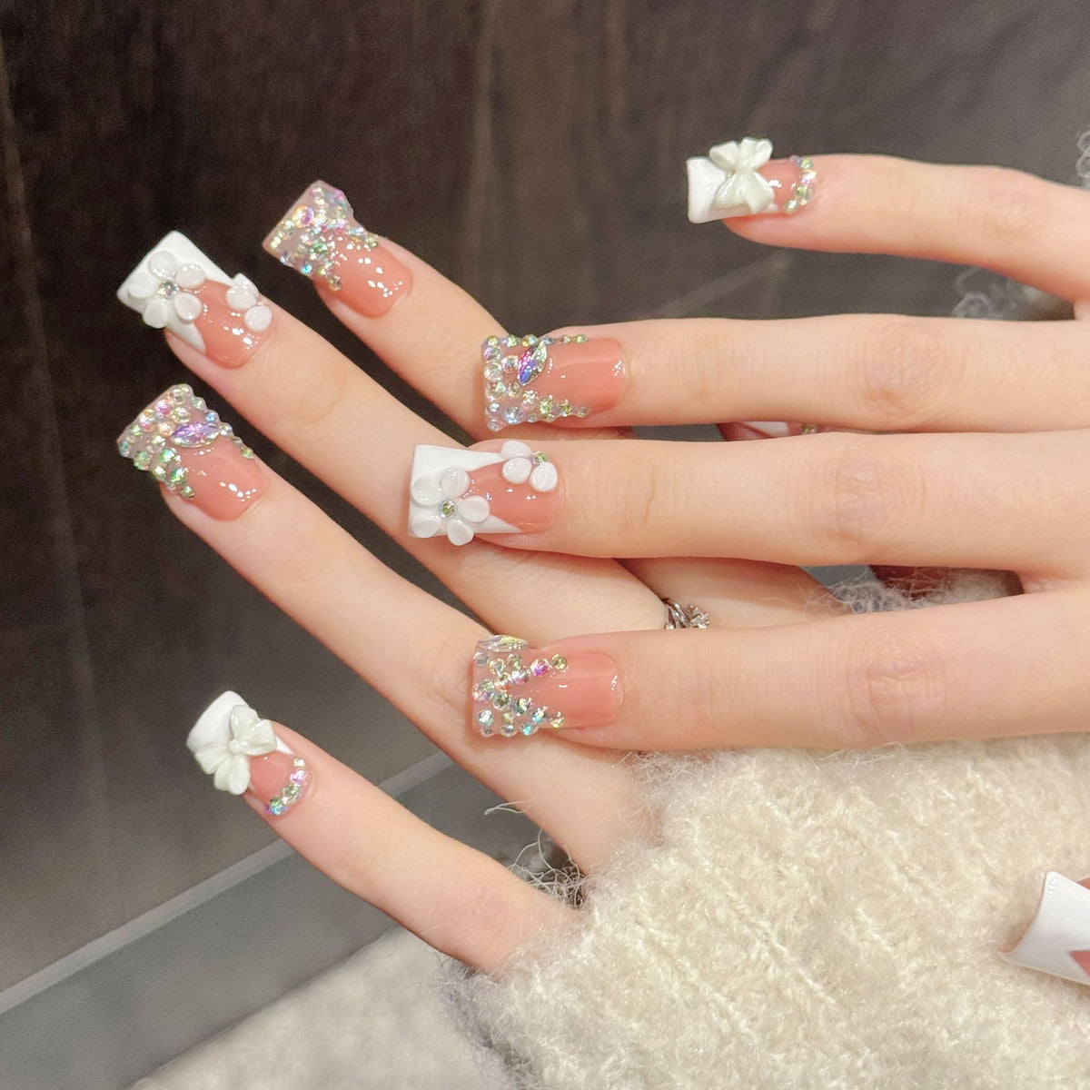 Blush Crystal Bow | Short Duck Press‑on Nails