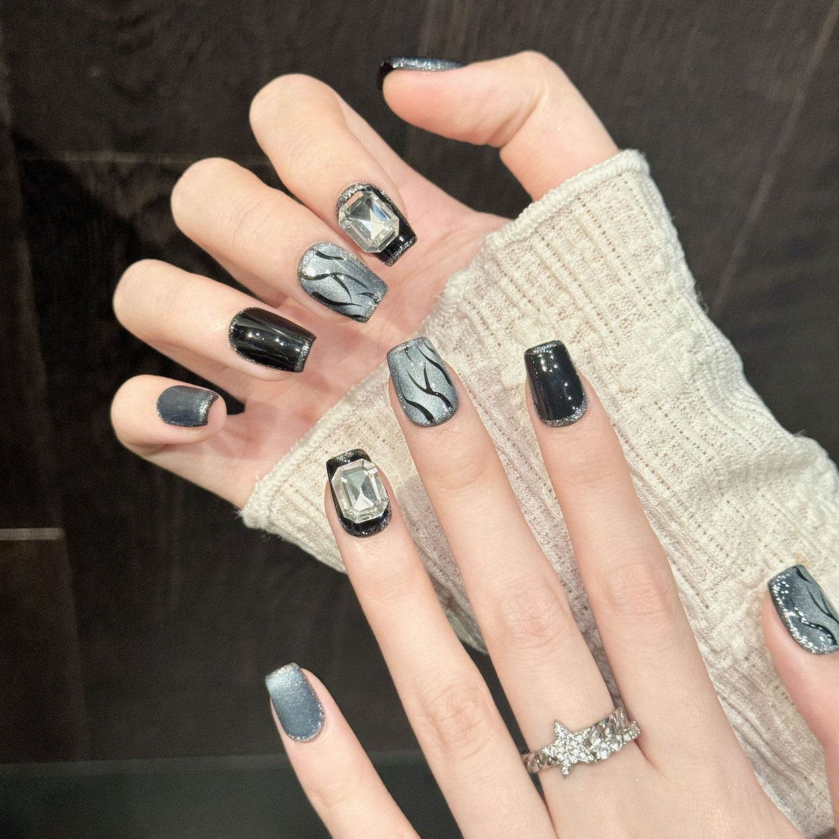 Smoky Crystal | Short Coffin Press‑on Nails