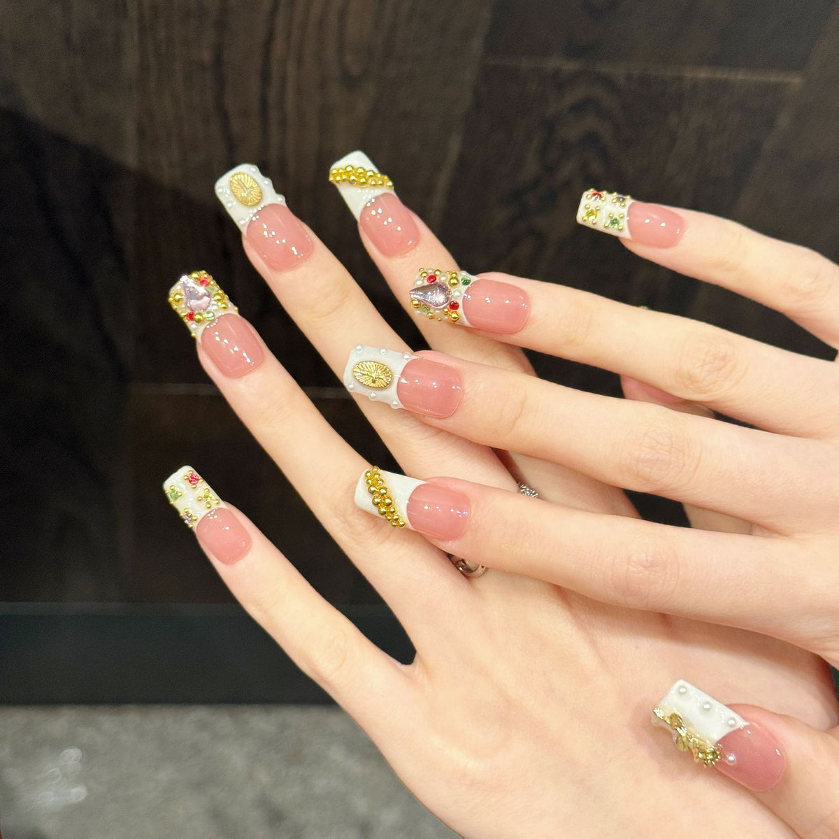 Ivory Gildrose | Long Square Press‑on Nails