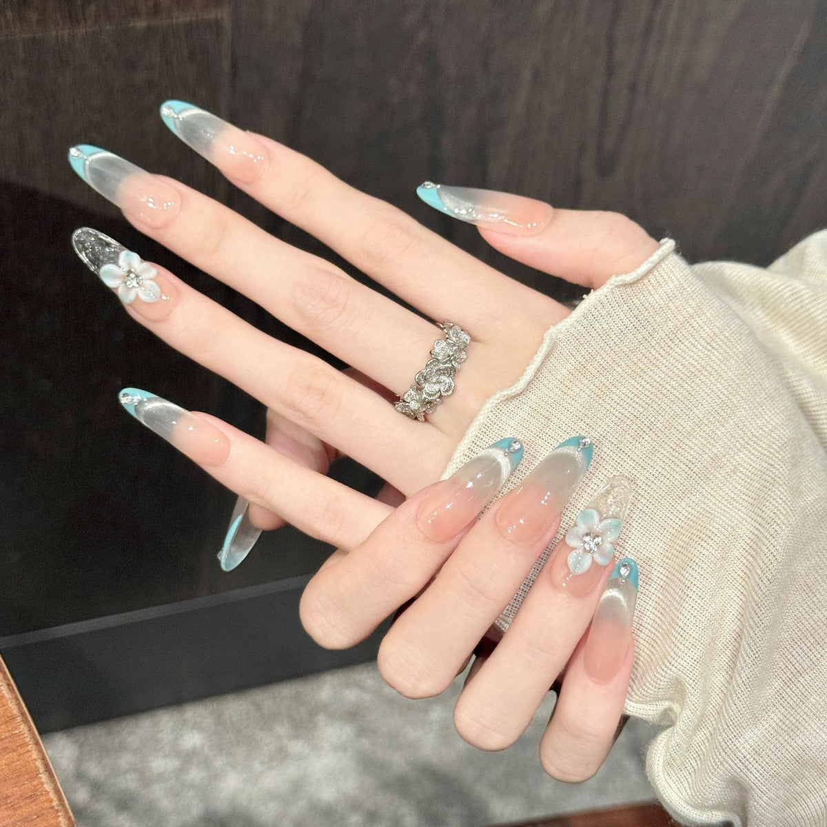 Aqua Petal | Long Oval Press‑on Nails