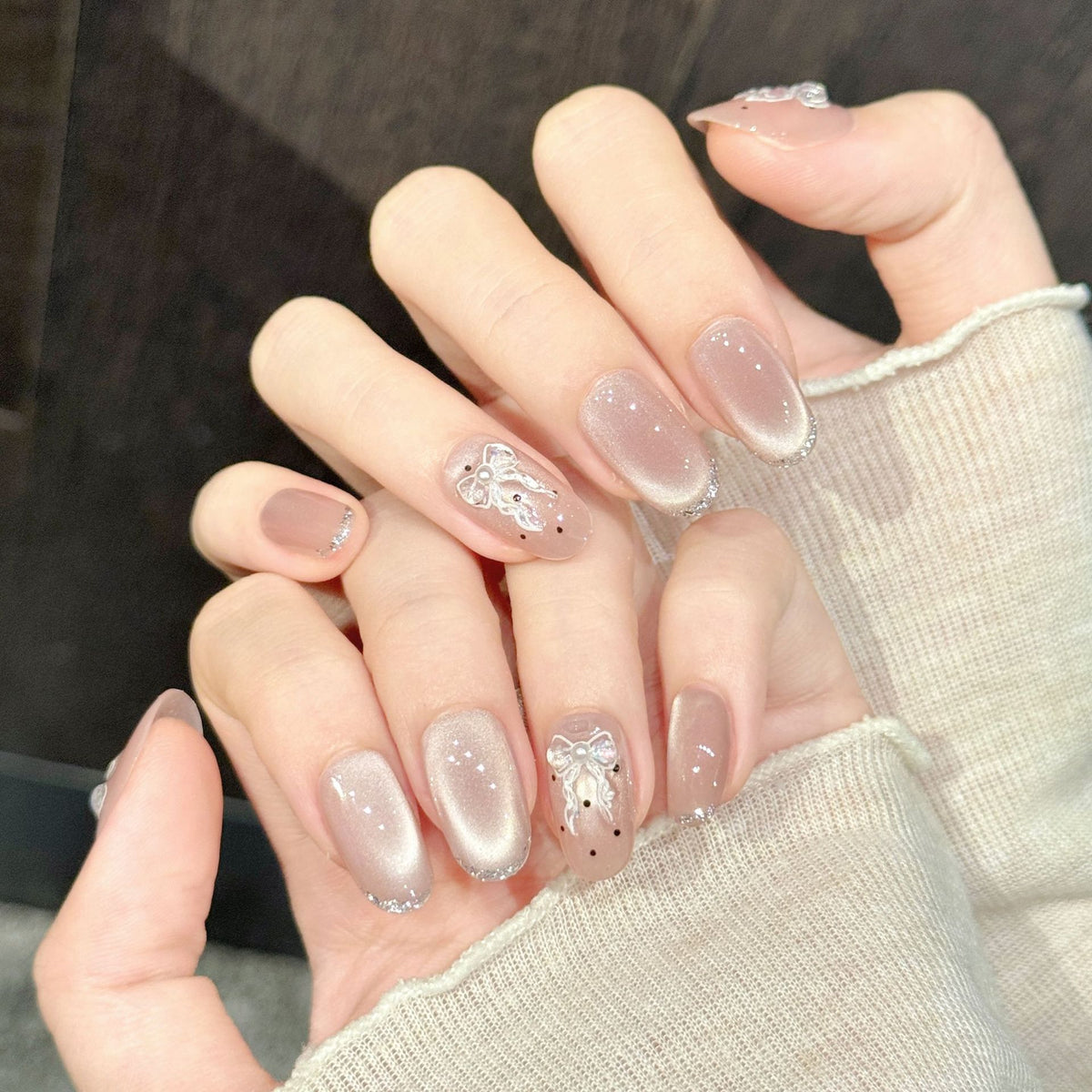 Blush Bow | Short Oval Press‑on Nails