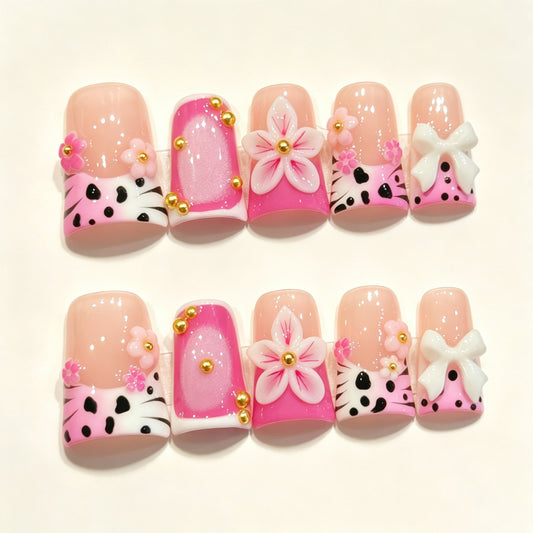 Pink Leopard Petal | Short Duck Press‑on Nails
