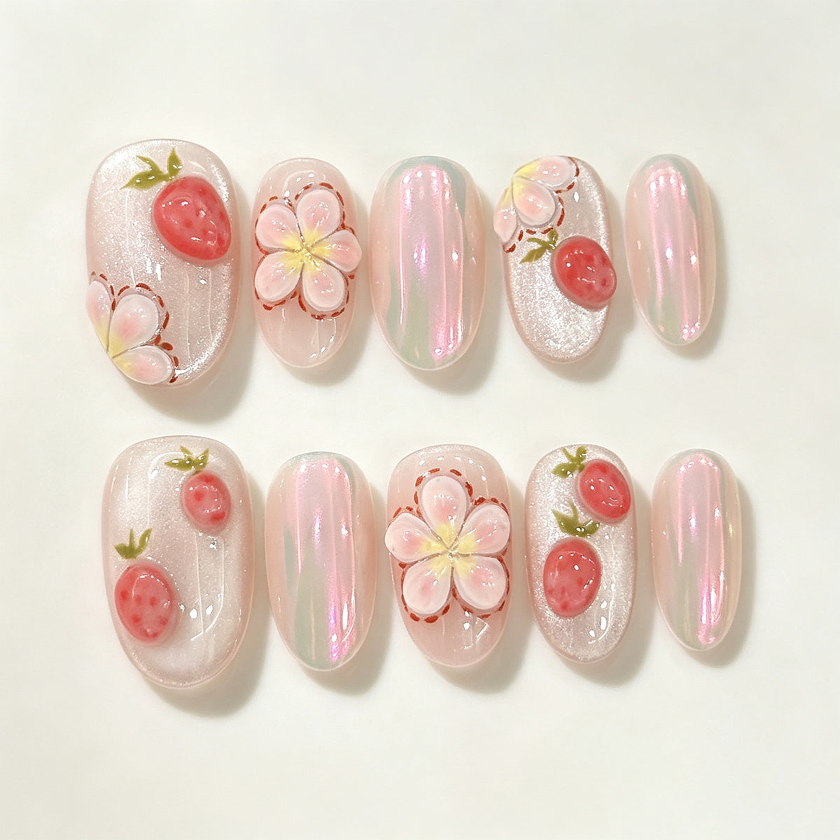 Strawberry Bubbly | Short Oval Press‑on Nails