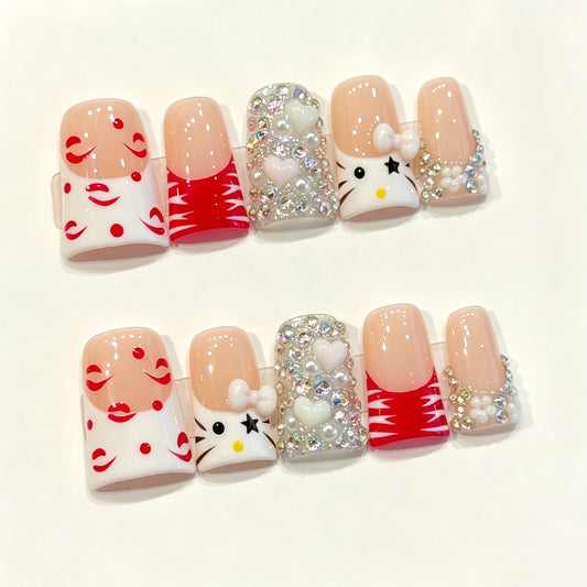 Kitty Red Crush | Short Duck Press‑on Nails