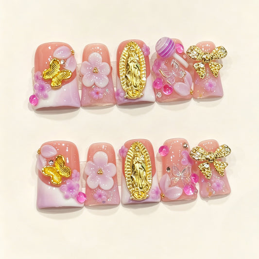 Pink Gilded Saint | Short Duck Press‑on Nails